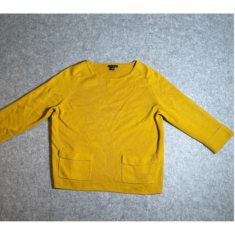 Ann Taylor Mustard Yellow Knit Sweater Boat Neck 3/4 Sleeve Pockets XS